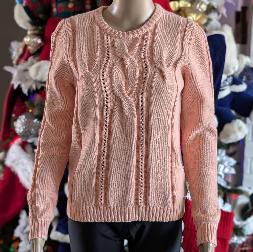 Lija Soft Salmon Pink Cable Knit Sweater Pullover Size L Longsleeve Stretch